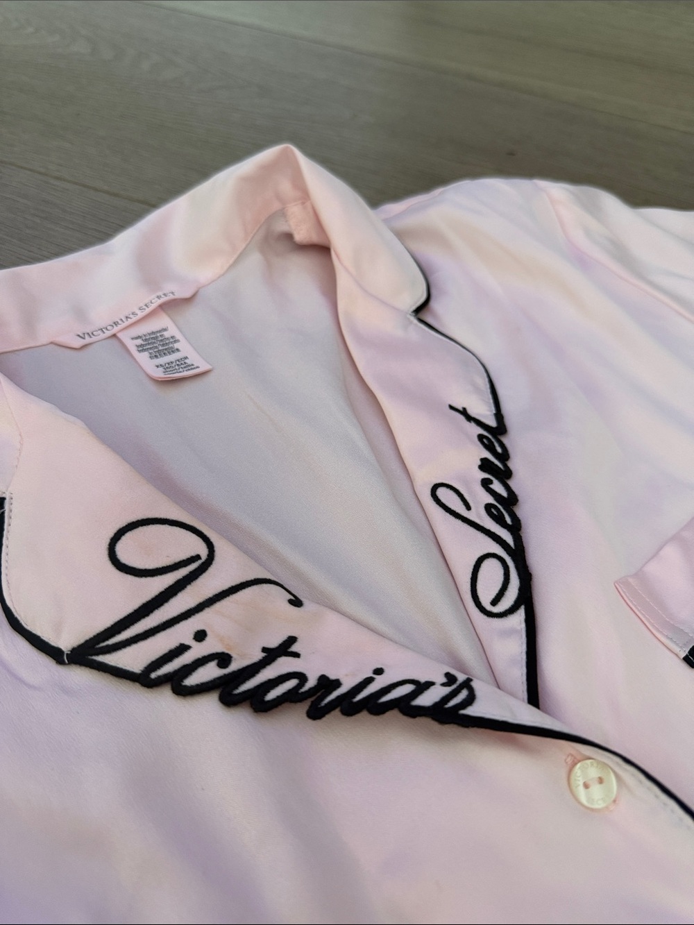 Victoria's Secret Light Pink Satin Pajama Set with Black Piping